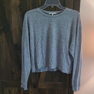 Gray Crew Neck Sweater with Ribbed Trim and Heathered Texture